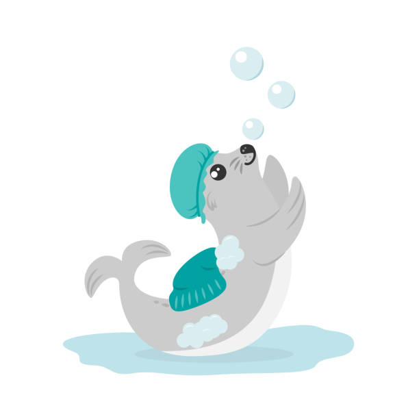 милый детеныш морского котика, играющий с пузырьками в душе - shower cap stock illustrations