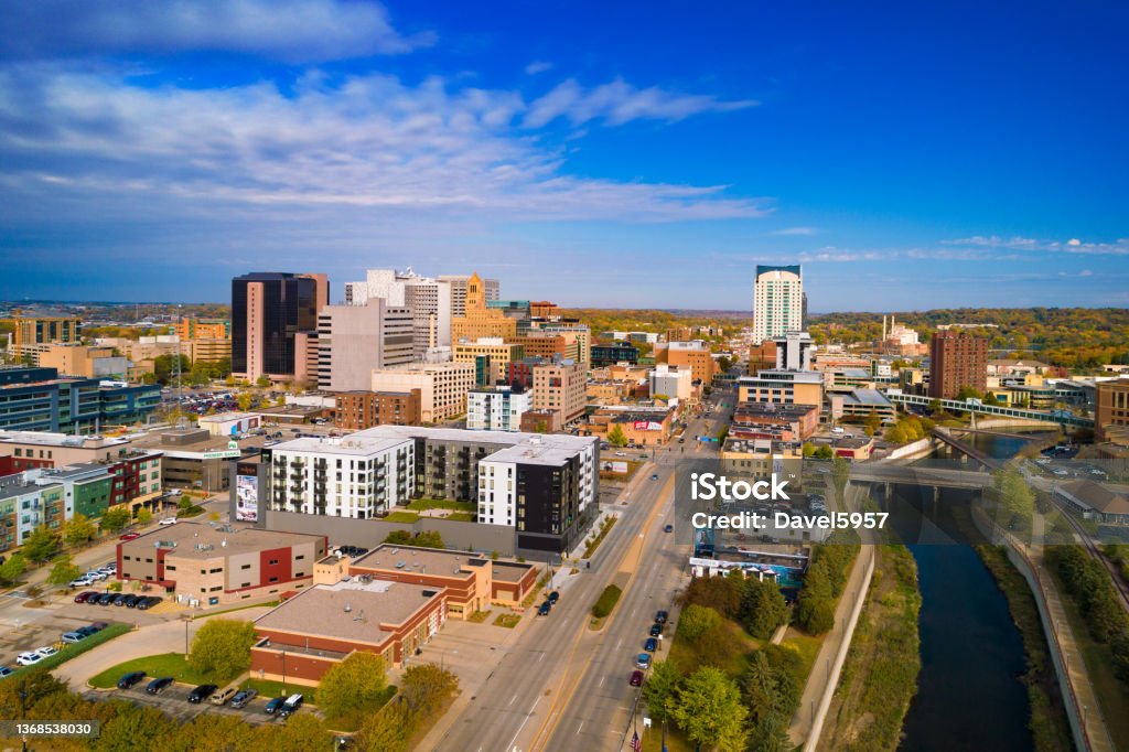 Rochester Skyline Aerial View Downtown Rochester skyline aerial view during early Autumn, with a blue skyline with clouds in the background. Minnesota Stock Photo