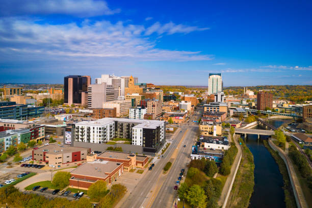 Rochester Skyline Aerial View Downtown Rochester skyline aerial view during early Autumn, with a blue skyline with clouds in the background. minnesota stock pictures, royalty-free photos & images