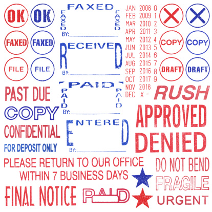 A large collection of office rubber stamps scanned at high resolution and isolated on a white background.