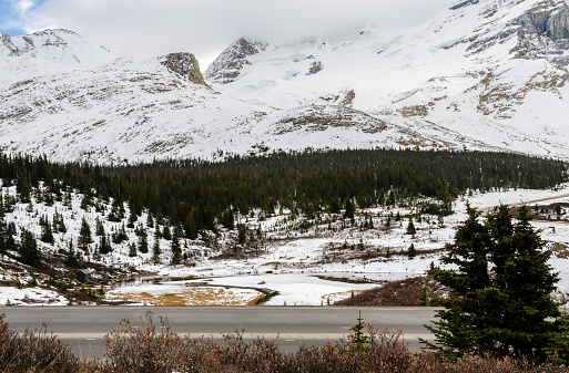 Winter view of Columbia Icefield parkway in Jasper National Park in Alberta, Canada