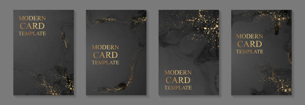 акварельный фон с абстрактными черными чернильные волны и золотые брызги. - invitation card stock illustrations