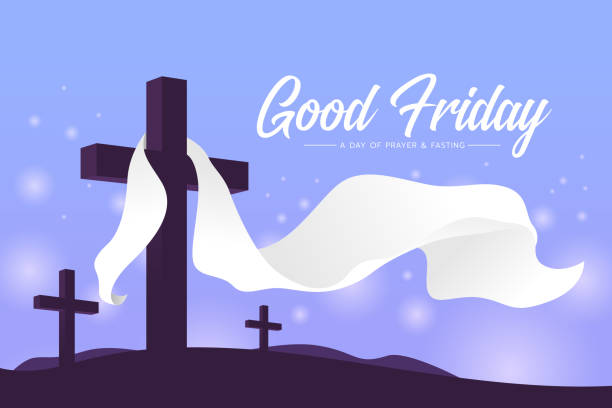 Good Friday a day of prayer and fasting - White cloth wave hung on Cross crucifix, soft purple tone style design Good Friday a day of prayer and fasting - White cloth wave hung on Cross crucifix, soft purple tone style design lent stock illustrations