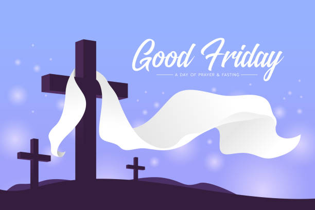 Good Friday a day of prayer and fasting - White cloth wave hung on Cross crucifix, soft purple tone style design Good Friday a day of prayer and fasting - White cloth wave hung on Cross crucifix, soft purple tone style design lent season stock illustrations