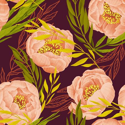 istock Peonies pattern on burgundy. Pink buds and green leaves. Illustration for wrapping, wallpaper, textile 1368543261