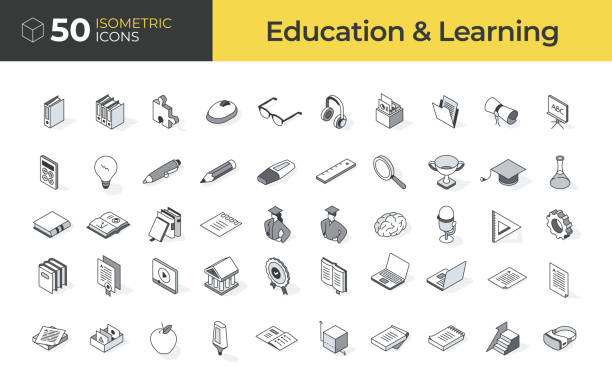 illustrations, cliparts, dessins animés et icônes de 50 ensemble d’icônes isométriques pour l’éducation et l’apprentissage - perspective isométrique