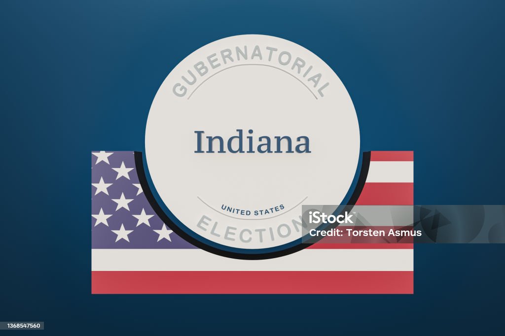 US State Indiana gubernatorial election banner  with the flag of the United States on a block. USA state election concept and 3d illustration. American Culture Stock Photo