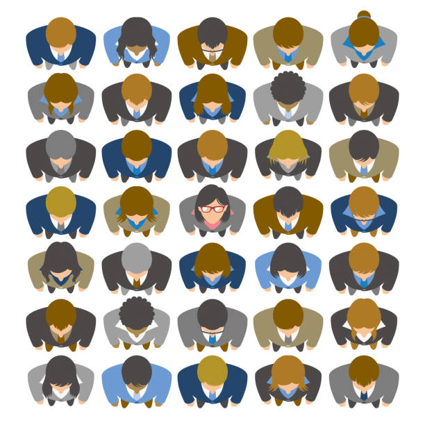 High angle view of business woman looking up and standing in large group of business people vector art illustration