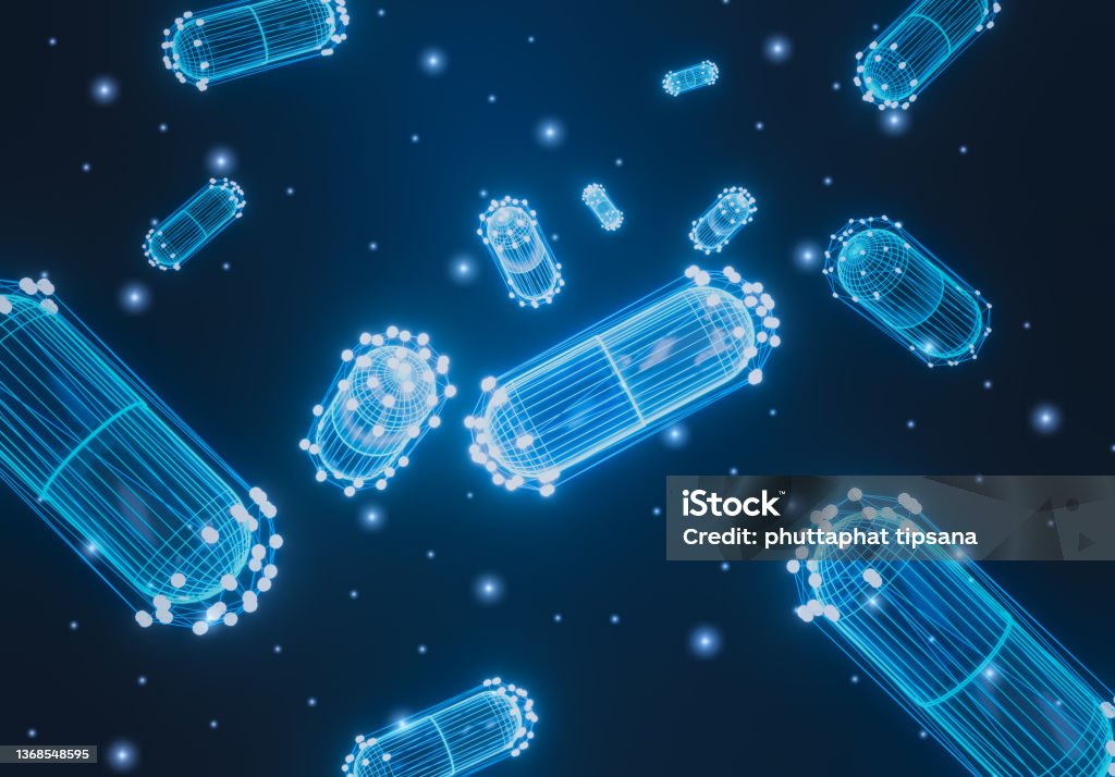 Abstract futuristic pills wireframe and capsule on glowing blue background, pharmacy ,medical, prebiotic, health, vitamin, antibiotic, pharmaceutical, treatment, medicine of future concept Medicine Stock Photo