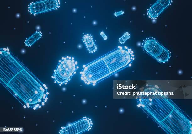 Abstract Futuristic Pills Wireframe And Capsule On Glowing Blue Background Pharmacy Medical Prebiotic Health Vitamin Antibiotic Pharmaceutical Treatment Medicine Of Future Concept Stock Photo - Download Image Now