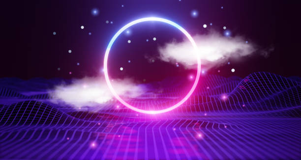 istock futuristic blue purple neon circle frame,wireframe wave landscape mountain,valley structure Sci-Fi Neon light glow network grid connection, portal lights glowing ring,dark space,3d render illustration 1368548651