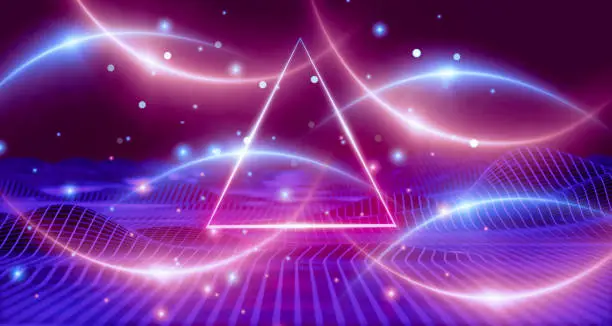 Photo of Cyber space virtual reality. futuristic blue purple neon triangle frame. wireframe landscape mountain. valley structure Sci-Fi Neon light glow network connection. portal glowing dark spac. 3d render