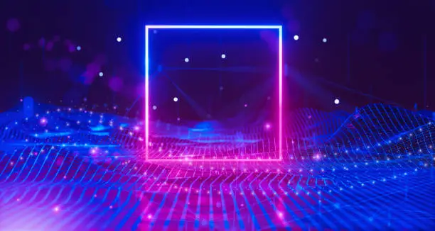 Photo of Cyber space virtual reality. futuristic blue purple neon square frame. wireframe landscape mountain. valley structure Sci-Fi Neon light glow network connection. portal glowing dark spac. 3d render