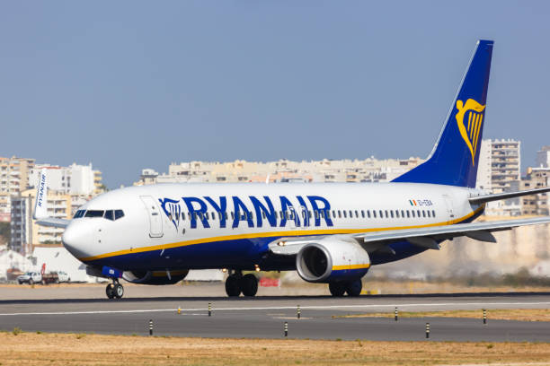 Ryanair Boeing 737-800 airplane Faro airport in Portugal stock photo
