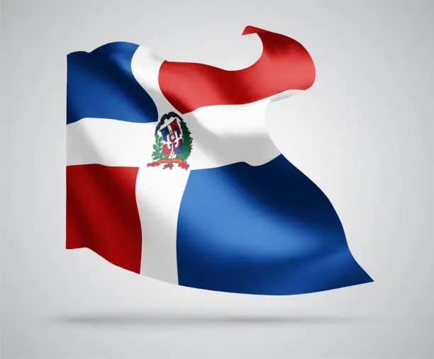 Vector illustration of Dominican Republic, vector flag with waves and bends waving in the wind on a white background.