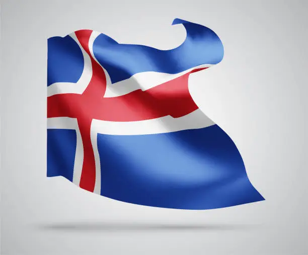 Vector illustration of Iceland, vector flag with waves and bends waving in the wind on a white background