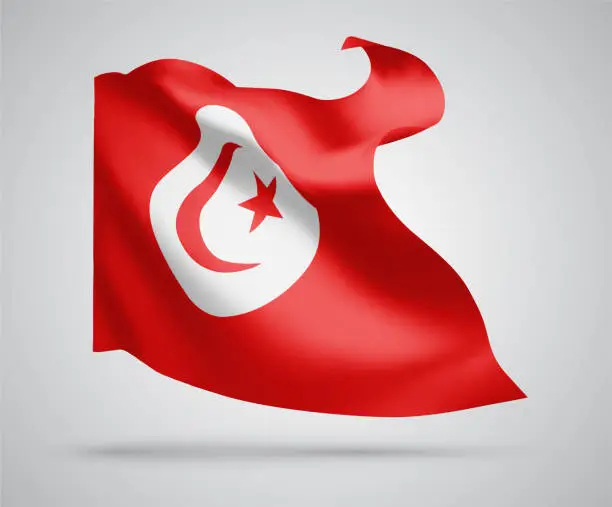 Vector illustration of Tunisia, vector flag with waves and bends waving in the wind on a white background.