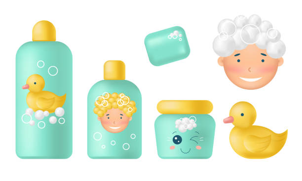 ilustraciones, imágenes clip art, dibujos animados e iconos de stock de artículos de tocador para bebés en 3d - shower child shampoo washing