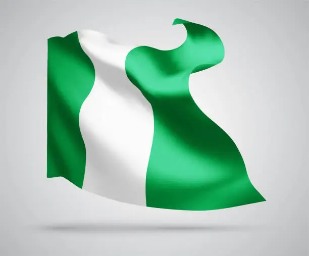 Vector illustration of Nigeria, vector flag with waves and bends waving in the wind on a white background.