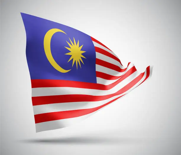 Vector illustration of Malaysia, vector flag with waves and bends waving in the wind on a white background.