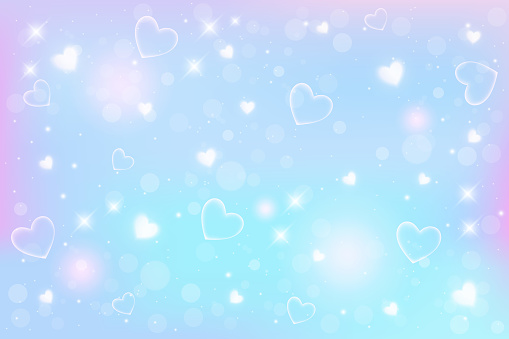 Unicorn fantasy background. Holographic illustration in pastel colors. Cute cartoon girly multicolored sky with bokeh and hearts. Vector