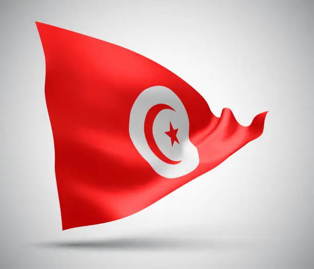 Vector illustration of Tunisia, vector flag with waves and bends waving in the wind on a white background.