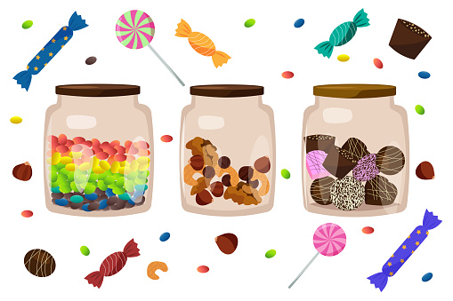 A set of three glass jars with sugar balls, various nuts, chocolates, lollipops