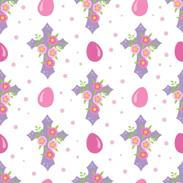 Vector illustration of Christian cross decorated with bright colorful flowers and eggs. Easter theme background. Flat design. Religious abstract floral wallpaper.