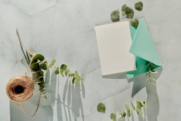 istock Blank postcard and envelope, copy-space. Fresh eucalyptus twigs and leaves 1368559760