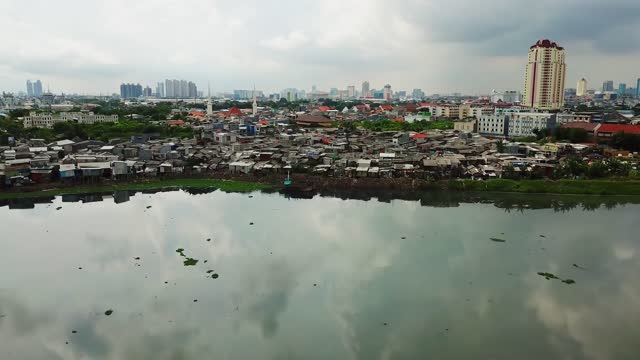 Landscape of slum houses in slums at lakeside