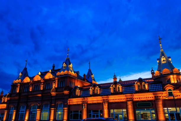 Sergiev Posad, Russia - August 15, 2019: Illuminated restaurant complex \