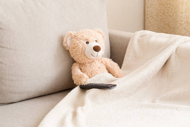 Brown fluffy teddy bear sitting on beige sofa under blanket with remote control and watching tv. Home relax.