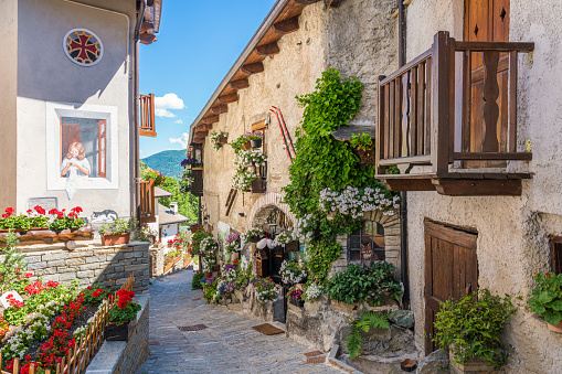 The beautiful village of Usseaux, in Chisone Valley. Province of Turin, Piedmont, Italy.