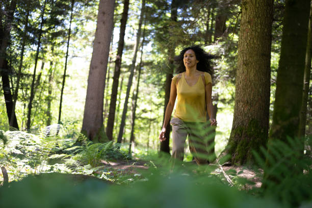 istock Mature woman walking in forest 1368565007