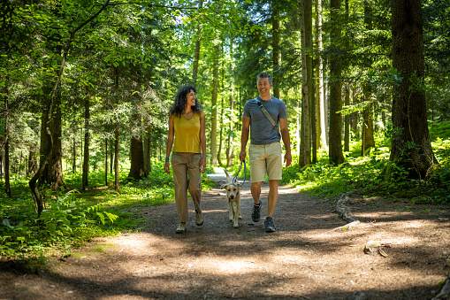 Smiling mature couple walking with their pet dog on dirt track passing through forest.