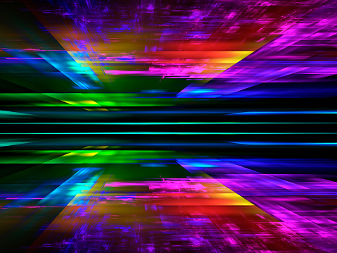 Bright colorful background with perspective effect - 3D illustration. Contemporary digital art - fractal. Rainbow tones. Graphic design element for sci-fi and esoteric projects.