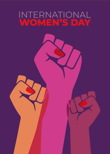 Women's Day card of women hands together. The International Women's Day is a national day to fight for gender equality by the feminist movement. Stock illustration girl power stock illustrations