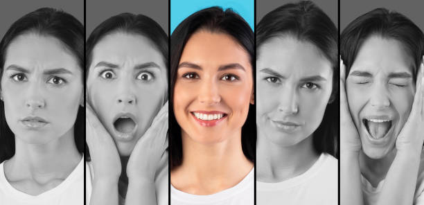 istock Mood changing. Millennial woman showing various emotions, creative image with accent on positive face expression 1368568344
