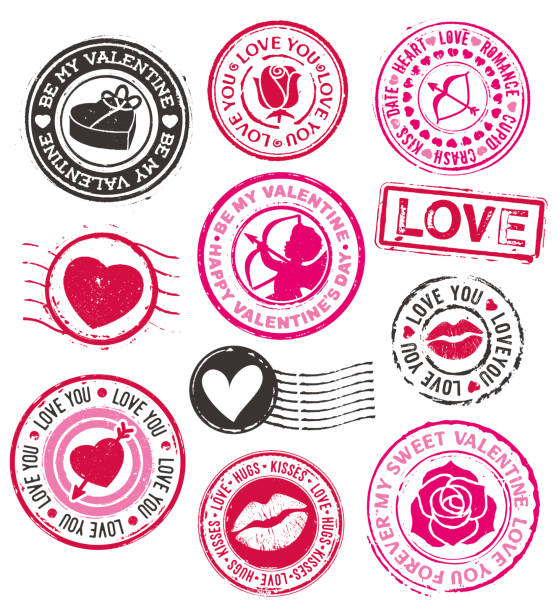 Set of Valentine's Day rubber stamps Set of vector valentine's day, love and, romance rubber stamps lipstick kiss stock illustrations
