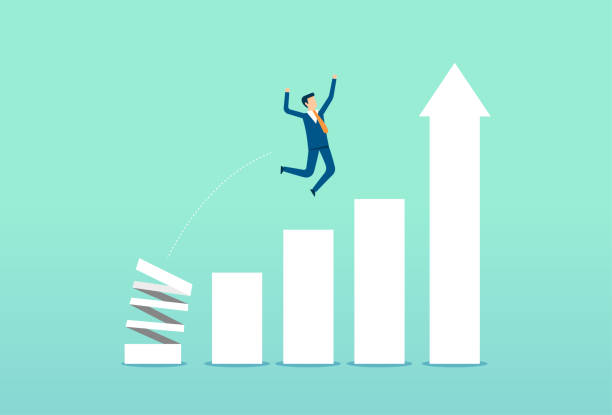 istock Businessman jumping from springboard, back to top, growing bar graph, stock market rise, highest point 1368569761