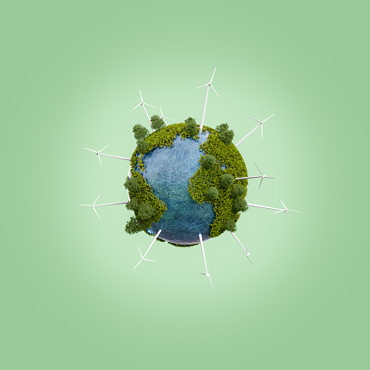 planet earth with vegetation, trees and wind turbines with blue background. renewable energy concept. 3d rendering