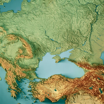 3D Render of a Topographic Map of Ukraine and the Black Sea. 
All source data is in the public domain.
Color texture: Made with Natural Earth. 
http://www.naturalearthdata.com/downloads/10m-raster-data/10m-cross-blend-hypso/
Relief texture: SRTM data courtesy of NASA JPL (2020). URL of source image: 
https://e4ftl01.cr.usgs.gov//DP133/SRTM/SRTMGL3.003/2000.02.11
Water texture: SRTM Water Body SWDB:
https://dds.cr.usgs.gov/srtm/version2_1/SWBD/
Boundaries Level 0: Humanitarian Information Unit HIU, U.S. Department of State (database: LSIB)
http://geonode.state.gov/layers/geonode%3ALSIB7a_Gen