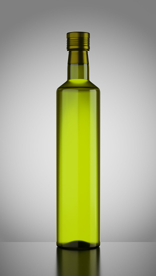 Premium Olive oil glass bottle. 3D realistic image.