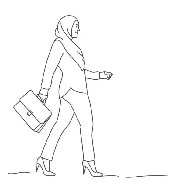 Vector illustration of Arab business woman with a briefcase is walking.