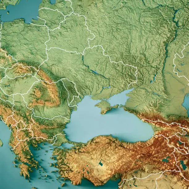 3D Render of a Topographic Map of Ukraine and the Black Sea. Version with Country Boundaries.
All source data is in the public domain.
Color texture: Made with Natural Earth. 
http://www.naturalearthdata.com/downloads/10m-raster-data/10m-cross-blend-hypso/
Relief texture: SRTM data courtesy of NASA JPL (2020). URL of source image: 
https://e4ftl01.cr.usgs.gov//DP133/SRTM/SRTMGL3.003/2000.02.11
Water texture: SRTM Water Body SWDB:
https://dds.cr.usgs.gov/srtm/version2_1/SWBD/
Boundaries Level 0: Humanitarian Information Unit HIU, U.S. Department of State (database: LSIB)
http://geonode.state.gov/layers/geonode%3ALSIB7a_Gen