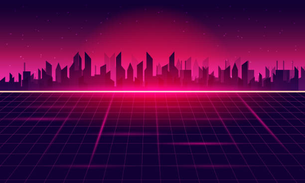 レトロsf背景未来的なグリッド風景の街、90年代。 - laser backgrounds technology city点のイラスト素材／クリップアート素材／マンガ素材／アイコン素材