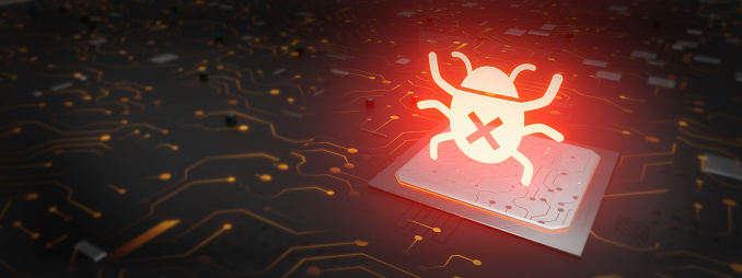 software bug. Circuit board bug icon hologram 3D Rendering