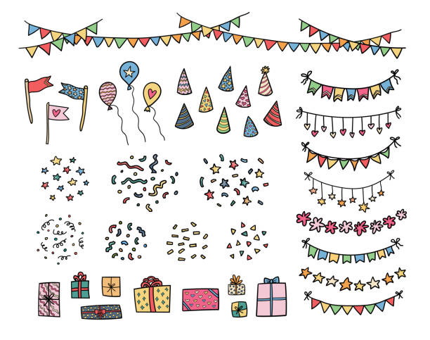 элементы декора для празднования дня рождения. красочные нарисованные вручную гирлянды флага в стиле каракуля, воздушные шары, подарочные  - hat conical stock illustrations