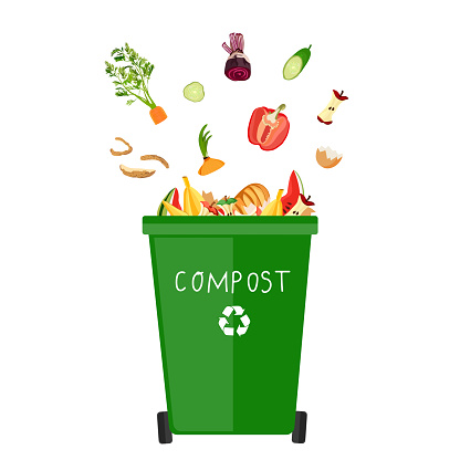 Cartoon dumpster with food garbage. Illustration for food processing and compost, organic waste, zero waste theme. Flat vector design.