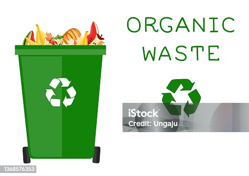 istock Cartoon dumpster with food garbage. Illustration for food processing and compost, organic waste, zero waste theme. Flat vector design. 1368576353